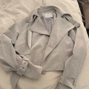 Bobbles and Lace Light Gray Suede crop Trench Coat Jacket - Women